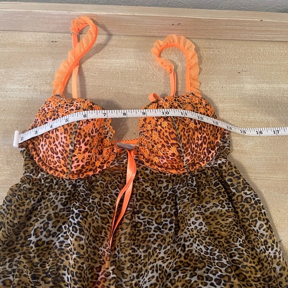 Y2k Vtg Victoria's Secret cheetah/orange ruffle print lace lingerie dress sz 34B - Picture 9 of 12